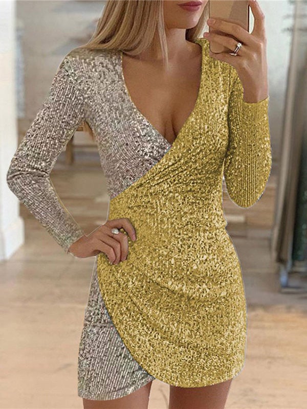 Women's Dresses V-Neck Irregular Sequin Wrapped Hip Dress - LuckyFash™