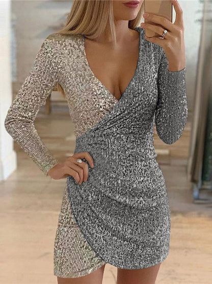 Dresses V-Neck Irregular Sequin Wrapped Hip Dress for Women