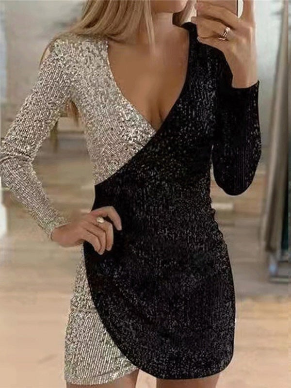 Women's Dresses V-Neck Irregular Sequin Wrapped Hip Dress - LuckyFash™