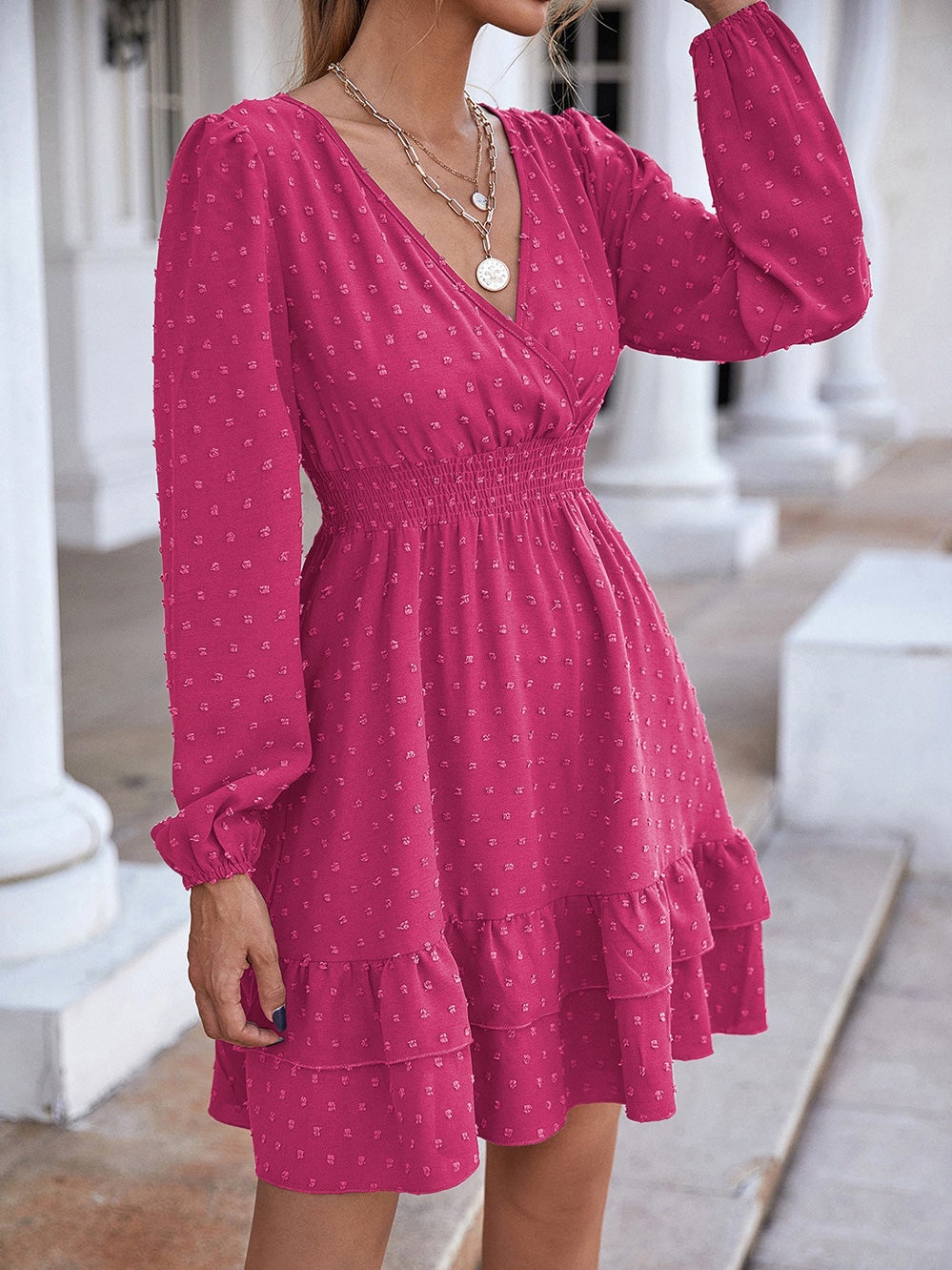 Women's Dresses V-Neck Jacquard Ruffled Long Sleeve Dress - LuckyFash™