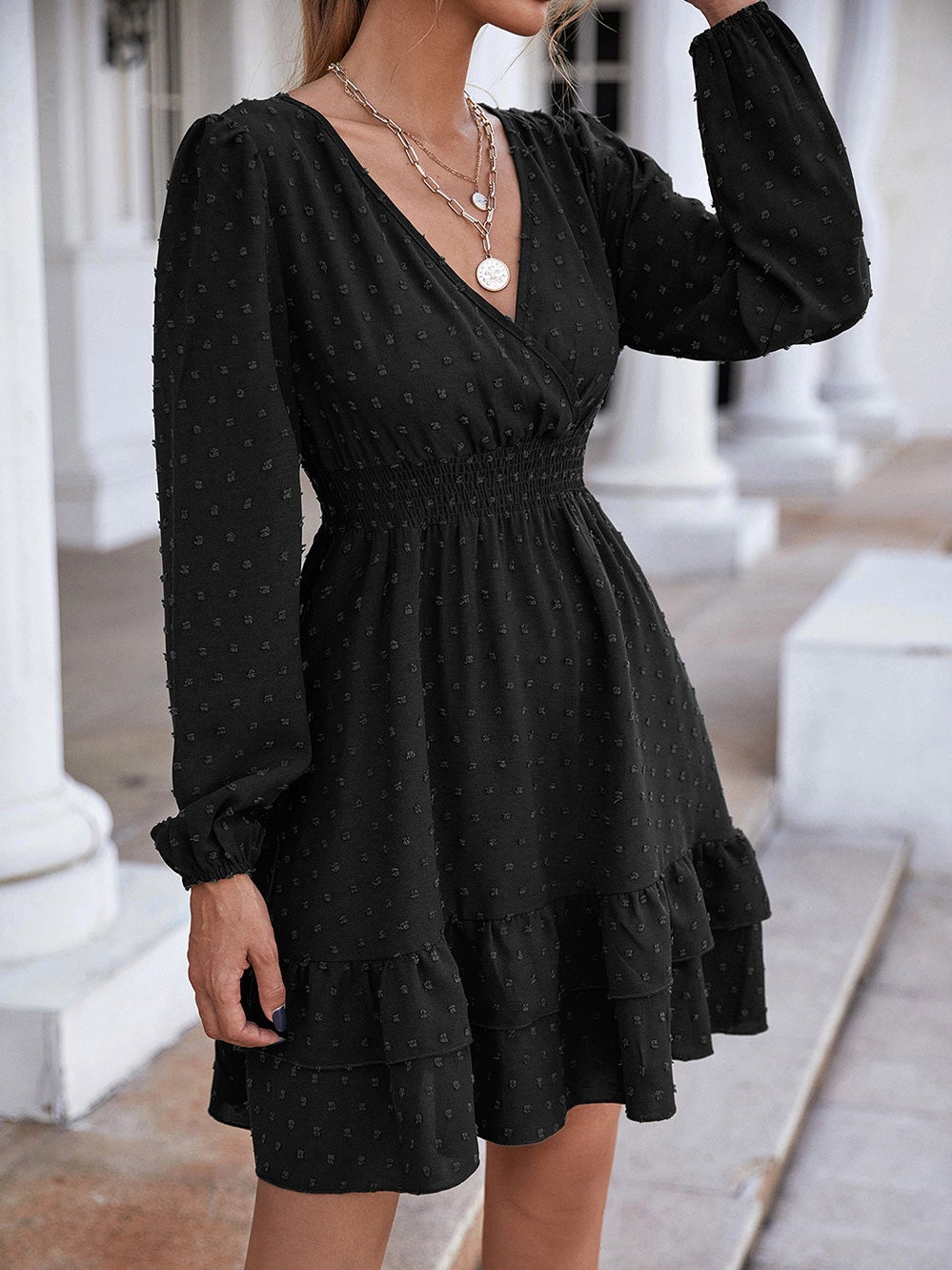 Dresses V-Neck Jacquard Ruffled Long Sleeve Dress for Women