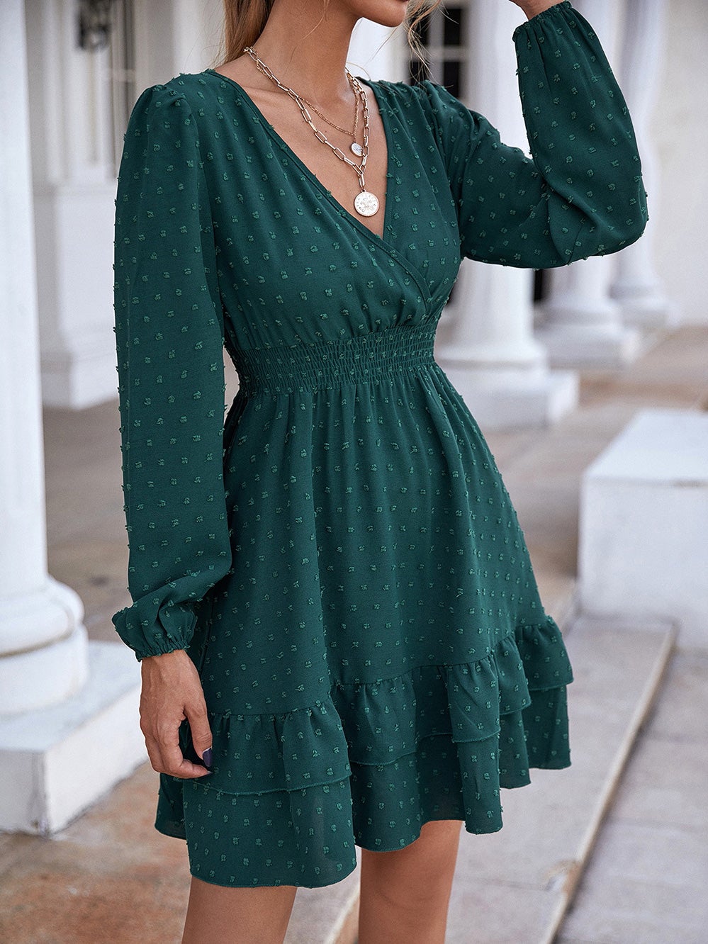 Dresses V-Neck Jacquard Ruffled Long Sleeve Dress for Women