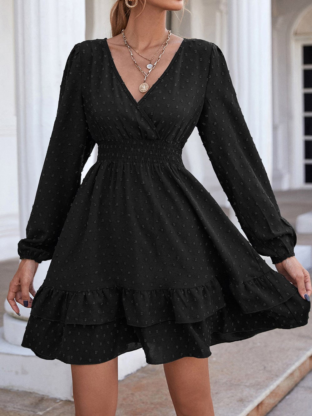 Women's Dresses V-Neck Jacquard Ruffled Long Sleeve Dress - LuckyFash™