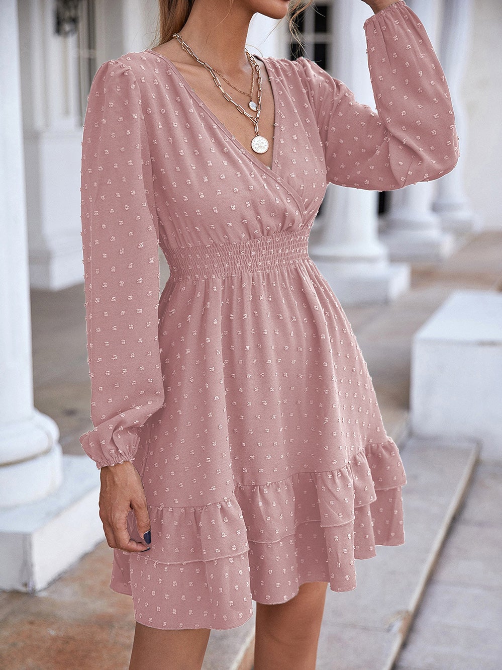 Dresses V-Neck Jacquard Ruffled Long Sleeve Dress for Women