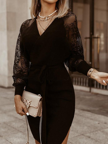 Women's Dresses V-Neck Knitted Lace Long Sleeve Dress - LuckyFash™