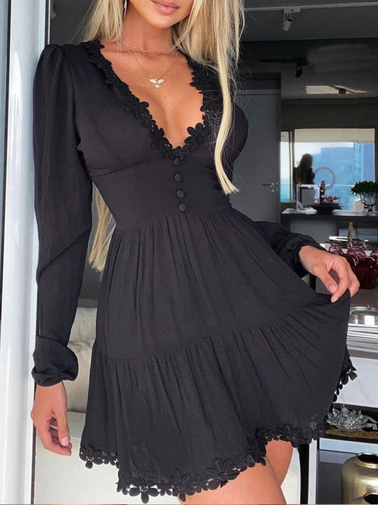 Dresses V-Neck Lace Long Sleeve Dress for Women