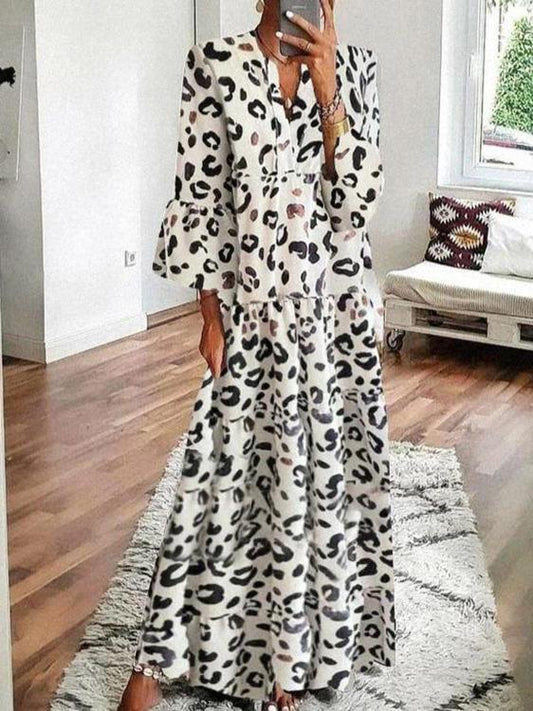 Dresses V-Neck Leopard Print Boho Long Sleeve Dress for Women