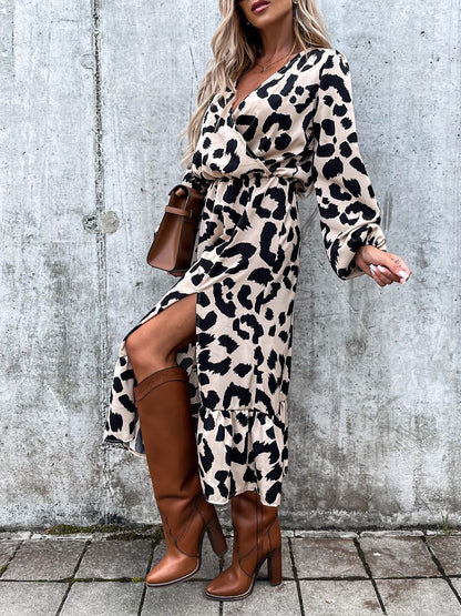 Women's Dresses V-Neck Leopard Print Long Sleeve Slit Dress - LuckyFash™