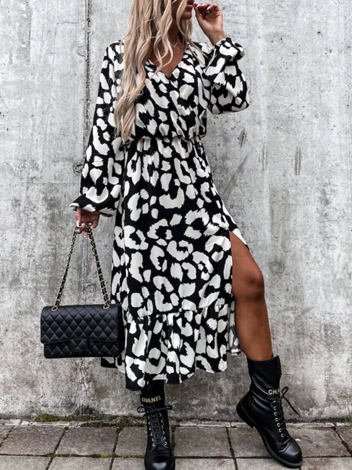 Women's Dresses V-Neck Leopard Print Long Sleeve Slit Dress - LuckyFash™