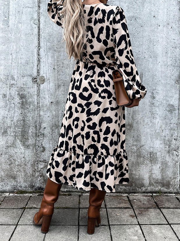 Women's Dresses V-Neck Leopard Print Long Sleeve Slit Dress - LuckyFash™