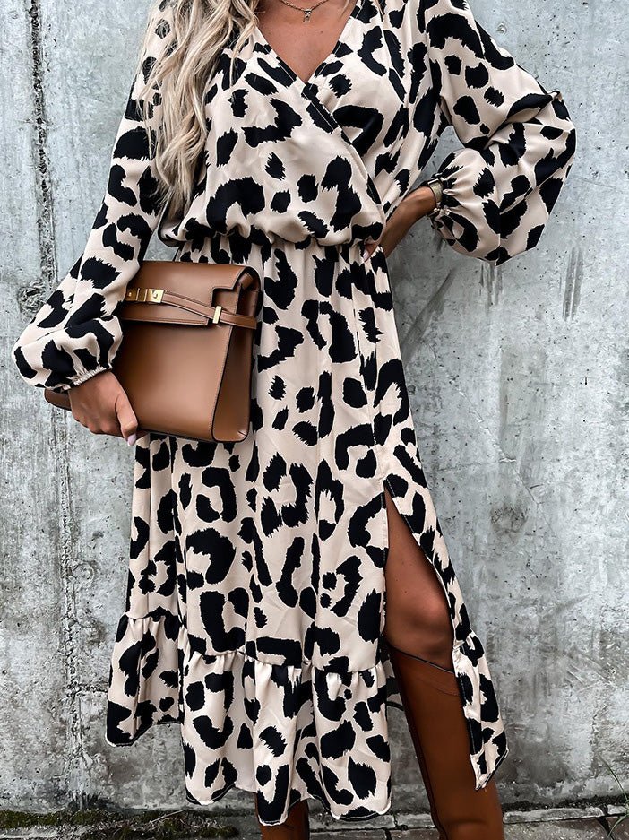 Women's Dresses V-Neck Leopard Print Long Sleeve Slit Dress - LuckyFash™