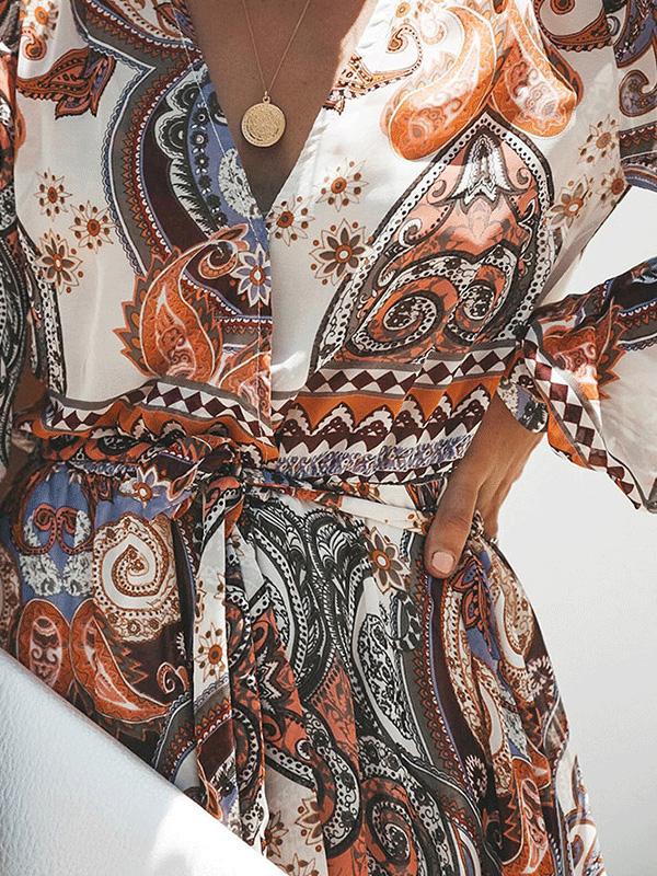 Women's Dresses V-Neck Long Sleeve Bohemian Print Dress - LuckyFash™