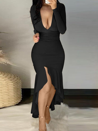 Dresses V-Neck Long Sleeve High Waist Split Ruffle Dress for Women