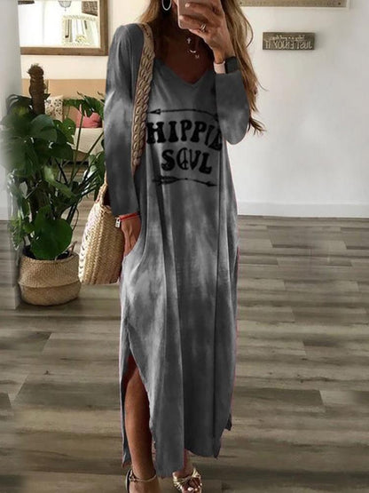 Dresses V-Neck Long Sleeve Letter Print Split Dress for Women