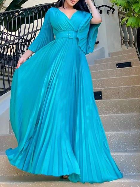 V-Neck Long Sleeve Pleated Dress