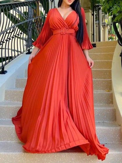 Maxi Dresses - V-Neck Long Sleeve Pleated Dress - MsDressly