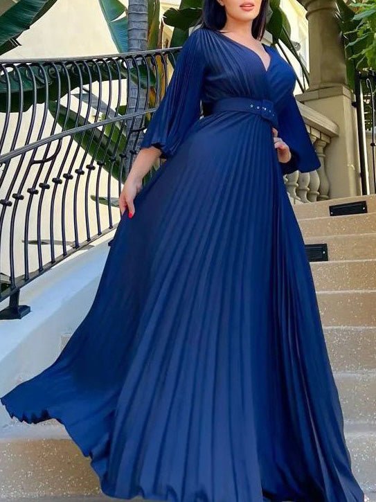 V-Neck Long Sleeve Pleated Dress