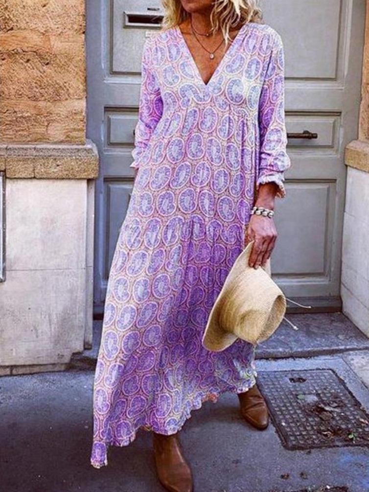 Dresses V-Neck Long Sleeve Printed Loose Dress for Women