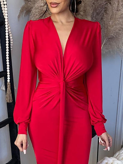 Women's Dresses V Neck Long Sleeve Slim Fit Slit Dress - LuckyFash™