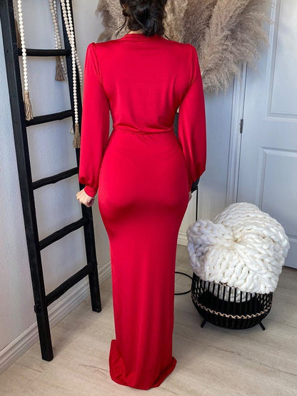 Women's Dresses V Neck Long Sleeve Slim Fit Slit Dress - LuckyFash™