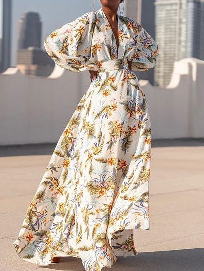 Women's Dresses V-Neck Long Sleeve Swing Print Dress - LuckyFash™