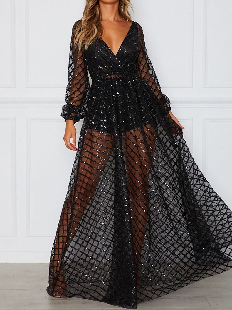 Dresses V-Neck Open Back Check Sequined Long Sleeve Dress for Women