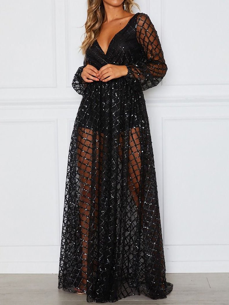 Women's Dresses V-Neck Open Back Check Sequined Long Sleeve Dress - LuckyFash™