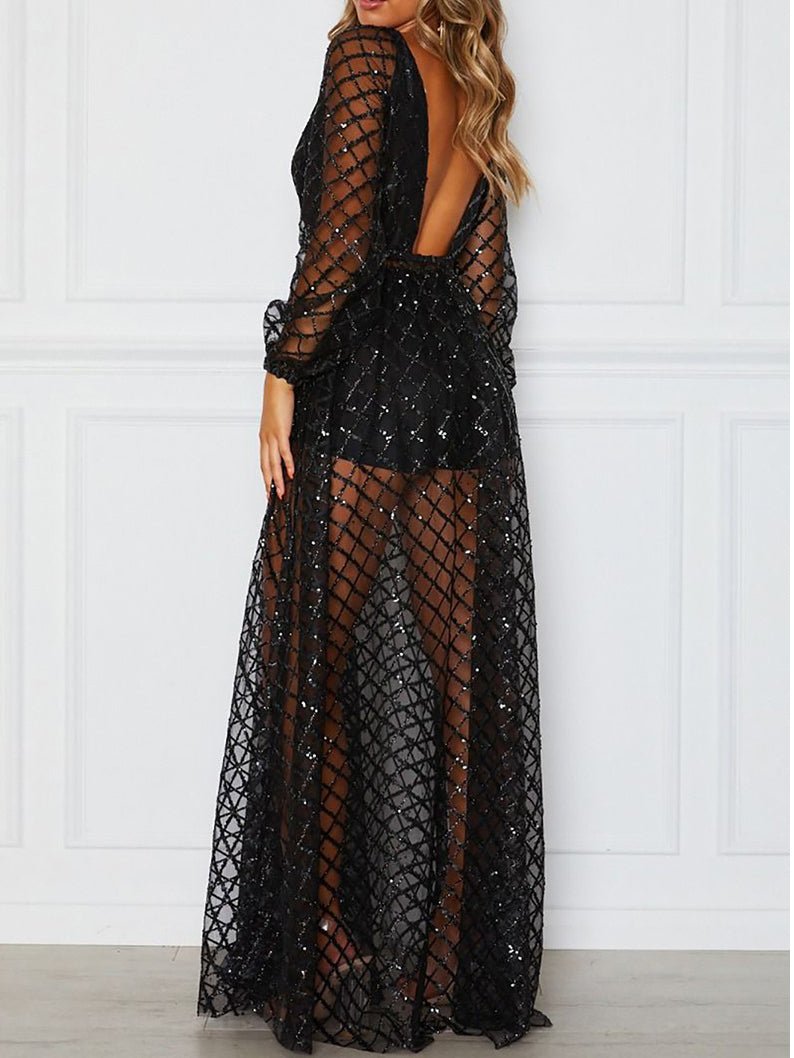 Women's Dresses V-Neck Open Back Check Sequined Long Sleeve Dress - LuckyFash™