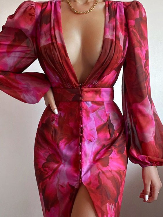 Women's Dresses V Neck Print Long Sleeve Slit Dress - LuckyFash™