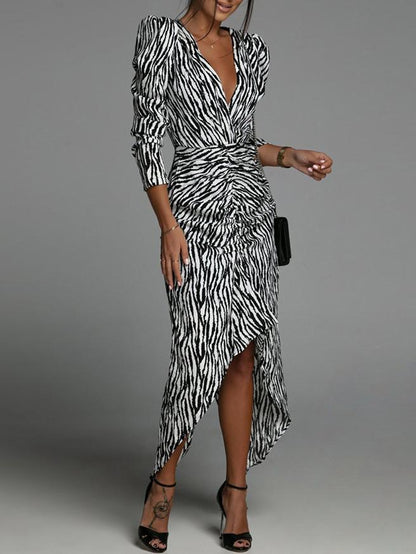 Dresses V-Neck Printed Bare Back Irregular Long Sleeve Dress for Women