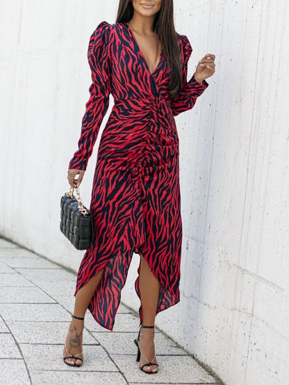 Women's Dresses V-Neck Printed Bare Back Irregular Long Sleeve Dress - LuckyFash™