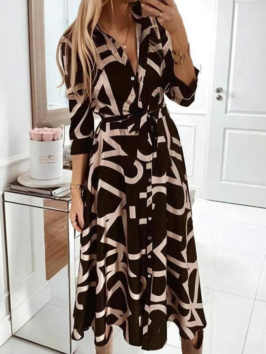 Dresses V-Neck Printed Buttons Belted Long Sleeve Dress for Women