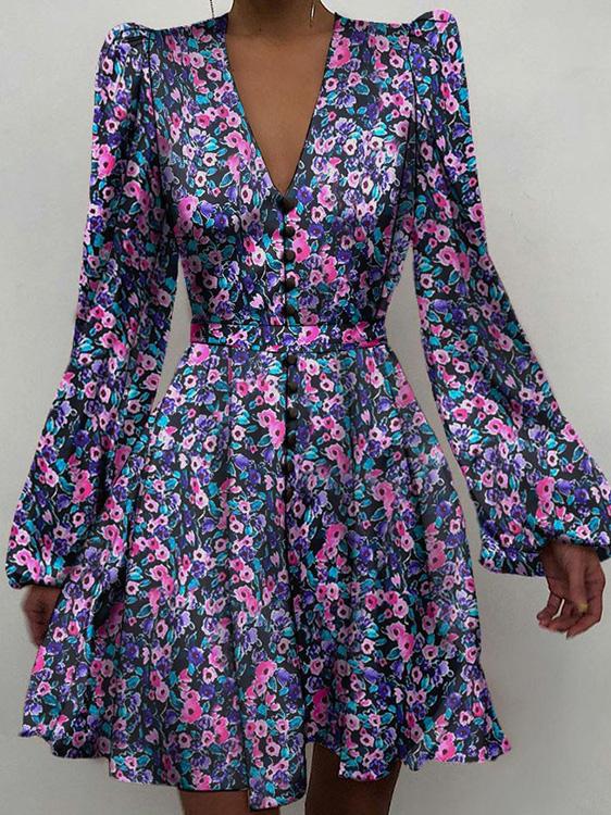 Dresses V-Neck Printed Lantern Long Sleeve Dress for Women