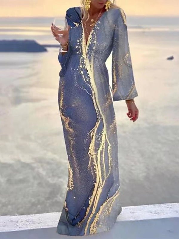 Women's Dresses V-Neck Printed Long Sleeve Dress - LuckyFash™