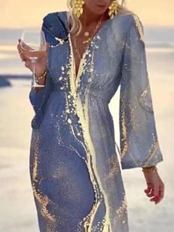 Women's Dresses V-Neck Printed Long Sleeve Dress - LuckyFash™