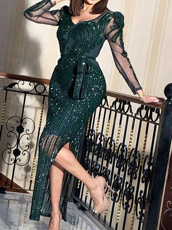 Women's Dresses V-Neck Sequin Split Belted Long Sleeve Dress - LuckyFash™