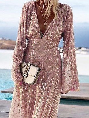 Women's Dresses V-Neck Sequined Long Sleeve Dress - LuckyFash™