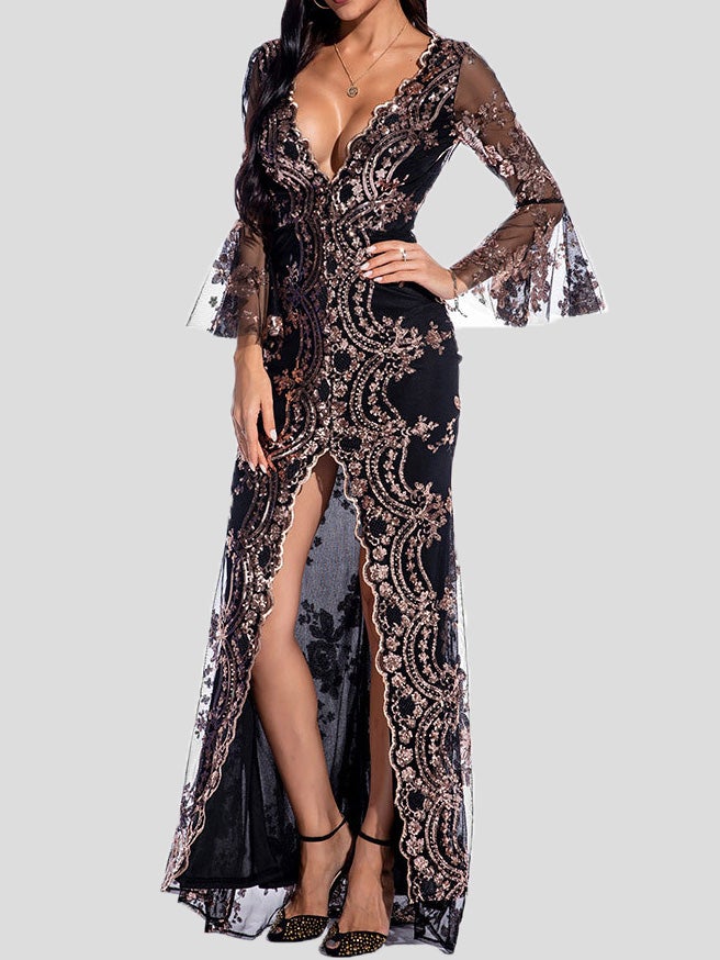 Women's Dresses V-Neck Sequined Long Sleeve Split Dress - LuckyFash™