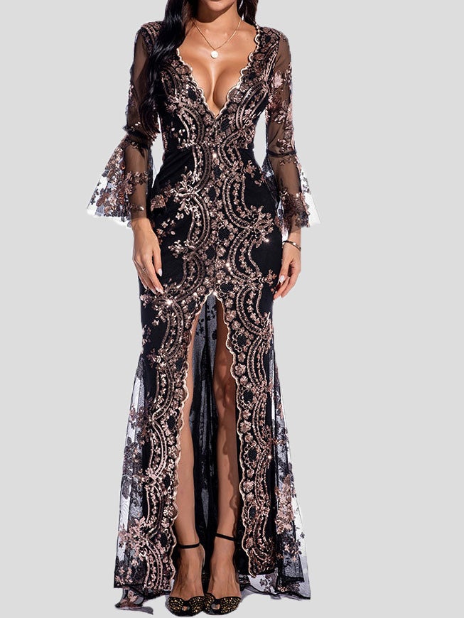 Dresses V-Neck Sequined Long Sleeve Split Dress for Women