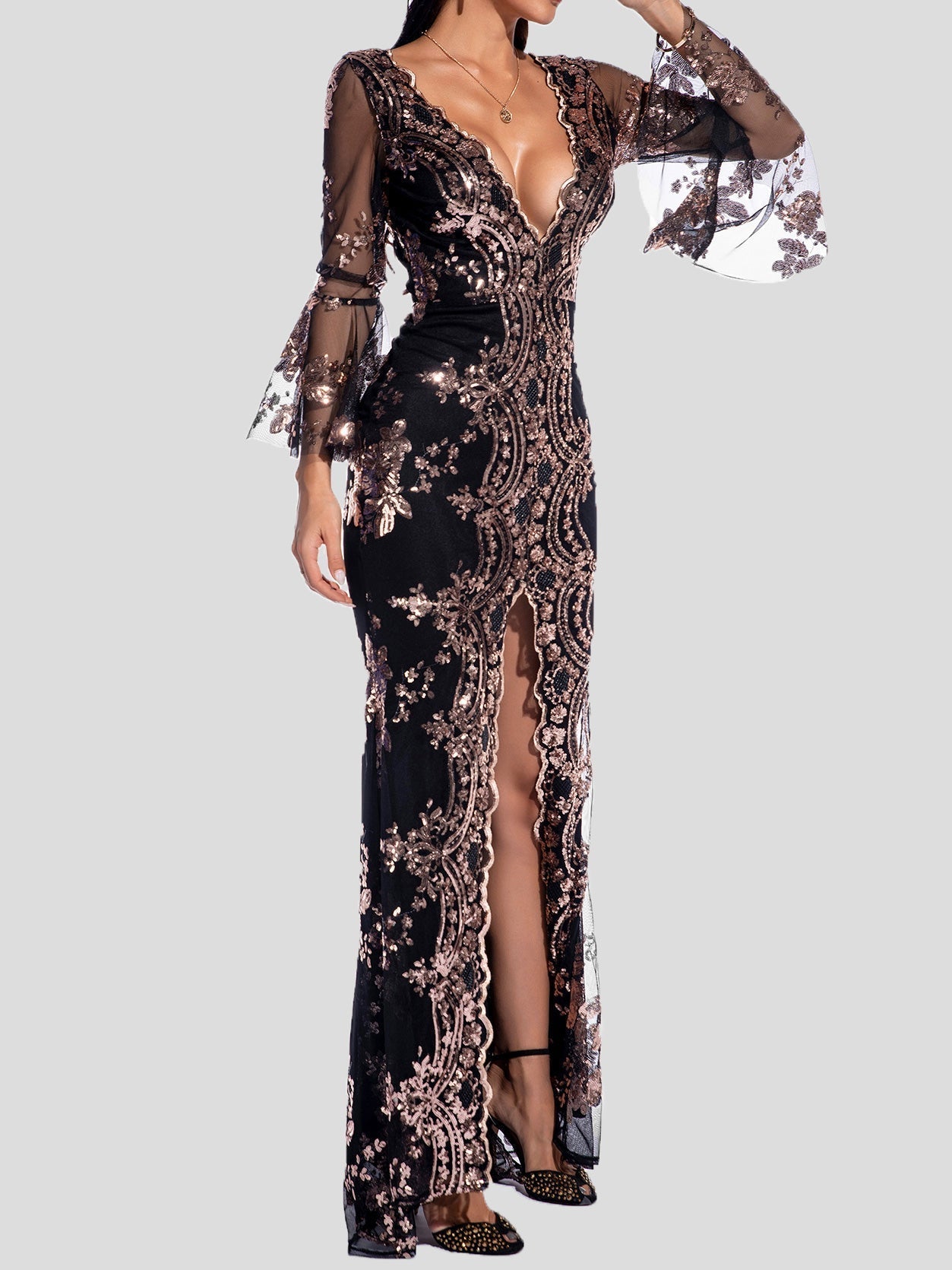 Women's Dresses V-Neck Sequined Long Sleeve Split Dress - LuckyFash™