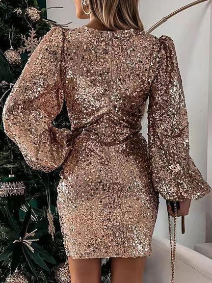 Women's Dresses V-Neck Sequined Puff Long Sleeve Dress - LuckyFash™