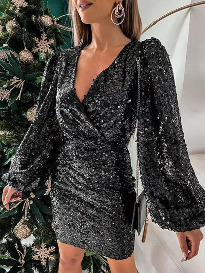 Dresses V-Neck Sequined Puff Long Sleeve Dress for Women