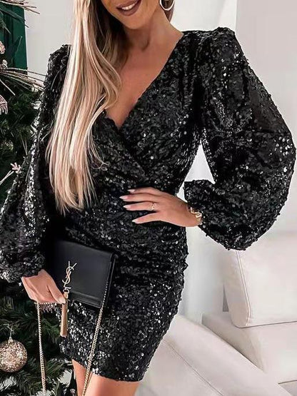 Women's Dresses V-Neck Sequined Puff Long Sleeve Dress - LuckyFash™