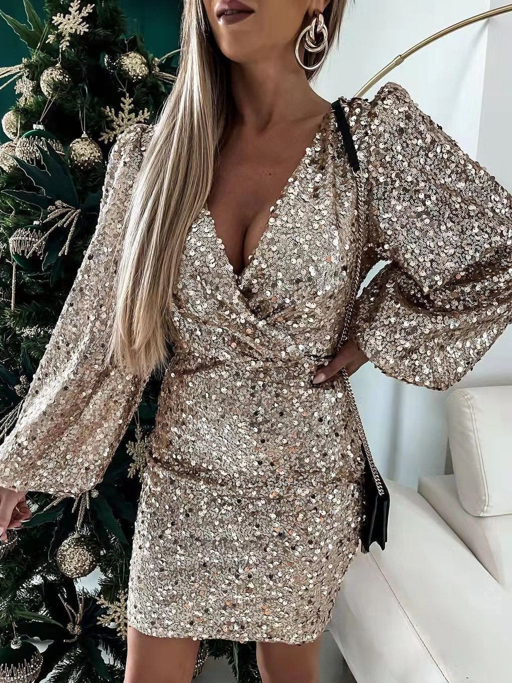 Women's Dresses V-Neck Sequined Puff Long Sleeve Dress - LuckyFash™