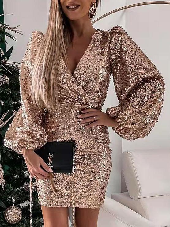 Women's Dresses V-Neck Sequined Puff Long Sleeve Dress - LuckyFash™