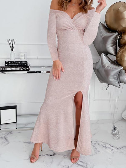 Dresses V-Neck Shiny Split Long Sleeve Dress for Women