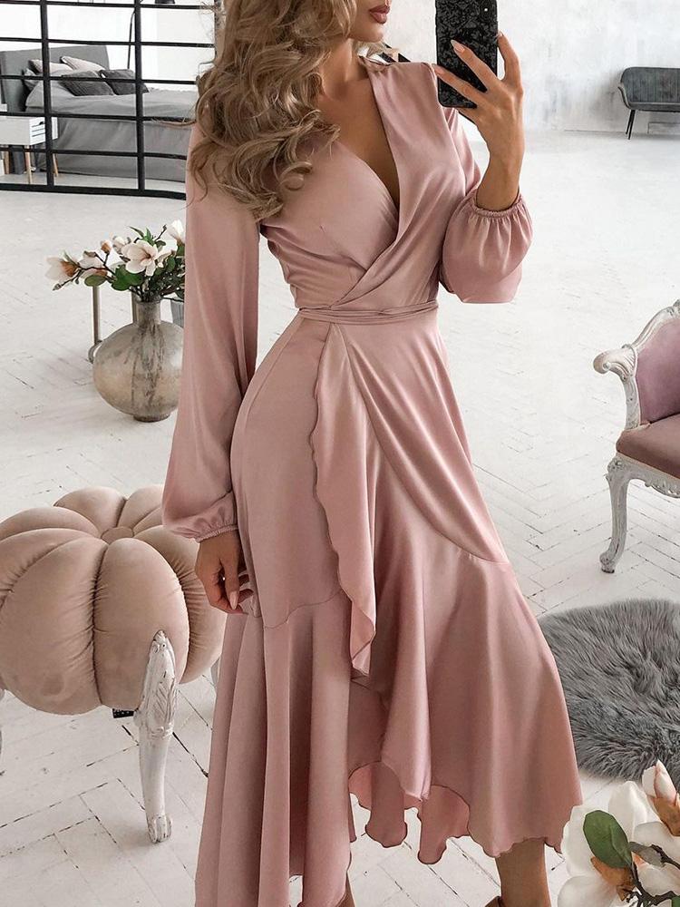 Women's Dresses V-Neck Slim Ruffled Long Sleeve Dress - LuckyFash™