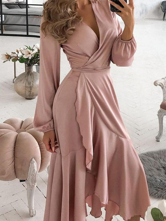 Dresses V-Neck Slim Ruffled Long Sleeve Dress for Women