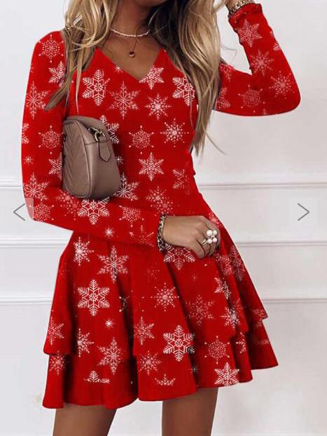 Women's Dresses V-Neck Snowflake Long Sleeve Mini Dress - LuckyFash™