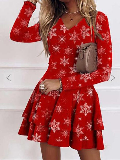 Women's Dresses V-Neck Snowflake Long Sleeve Mini Dress - LuckyFash™